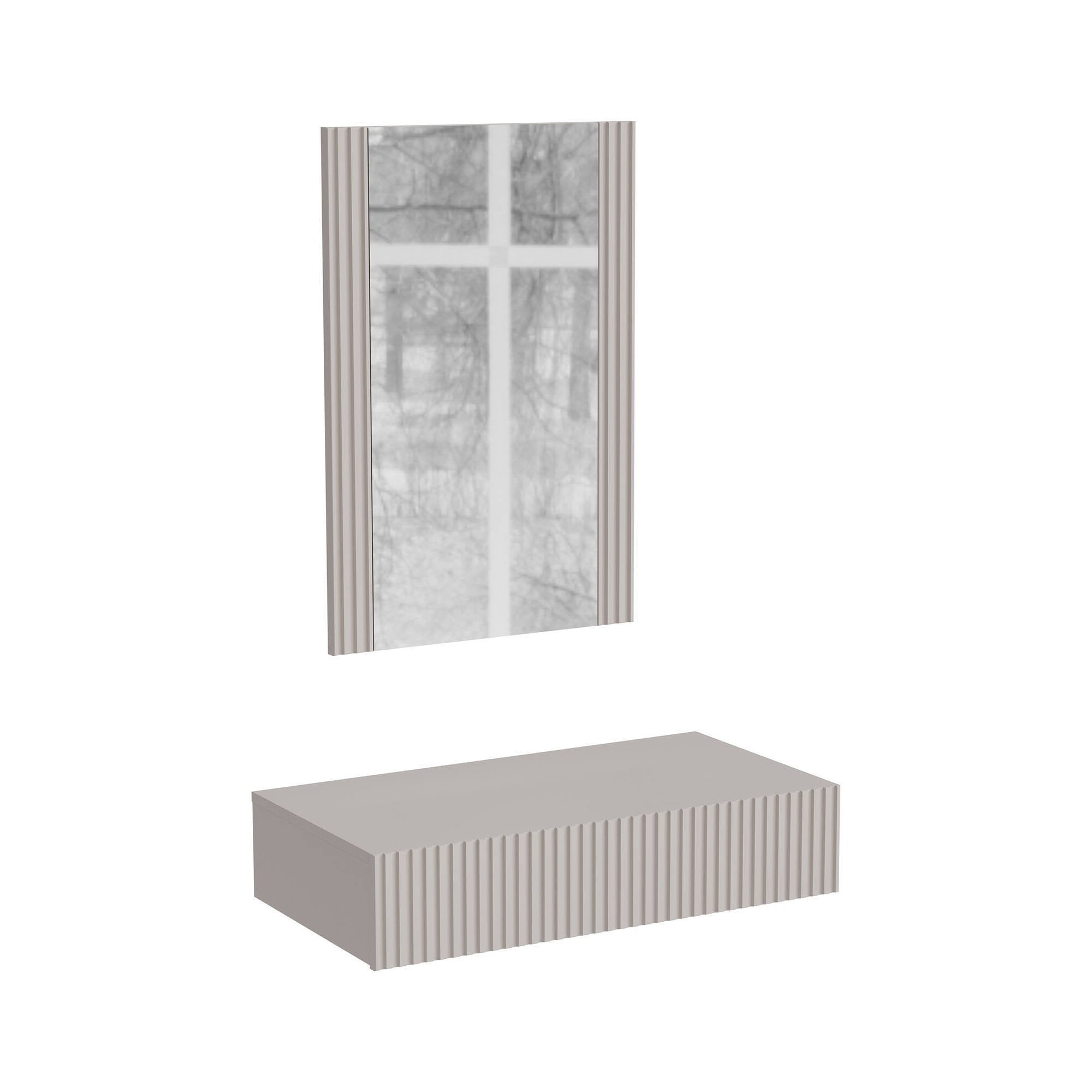 Consolle Premolo, Entratina sospesa con specchio, Design moderno con effetto cannettato, 80x42 h97 cm, Beige