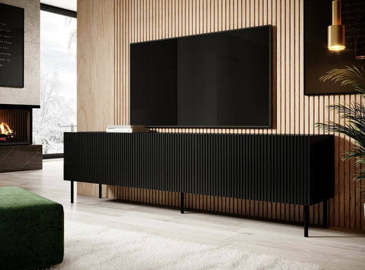 Mobile porta TV Priocca, Madia da salotto con quattro ante battenti, Rialzato da terra, 200x42 h52 cm, Nero