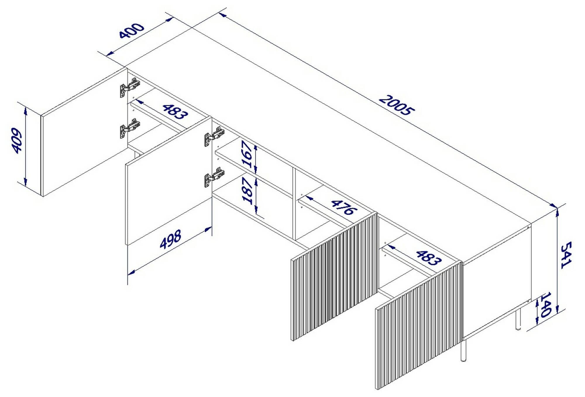 Mobile porta TV Varenna, Madia da salotto con quattro ante battenti, Rialzato da terra, 200x42 h52 cm, Bianco