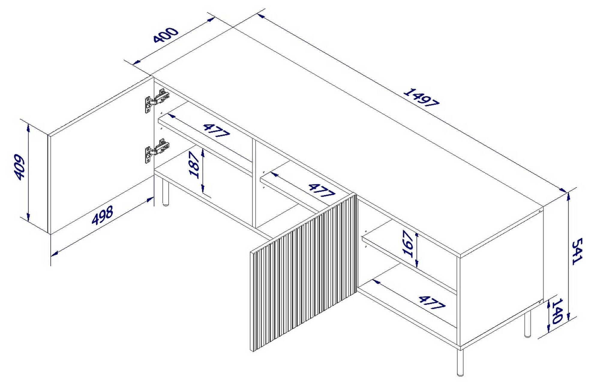 Mobile porta TV Molini, Madia da salotto con quattro ante battenti, Rialzato da terra, 150x42 h52 cm, Bianco