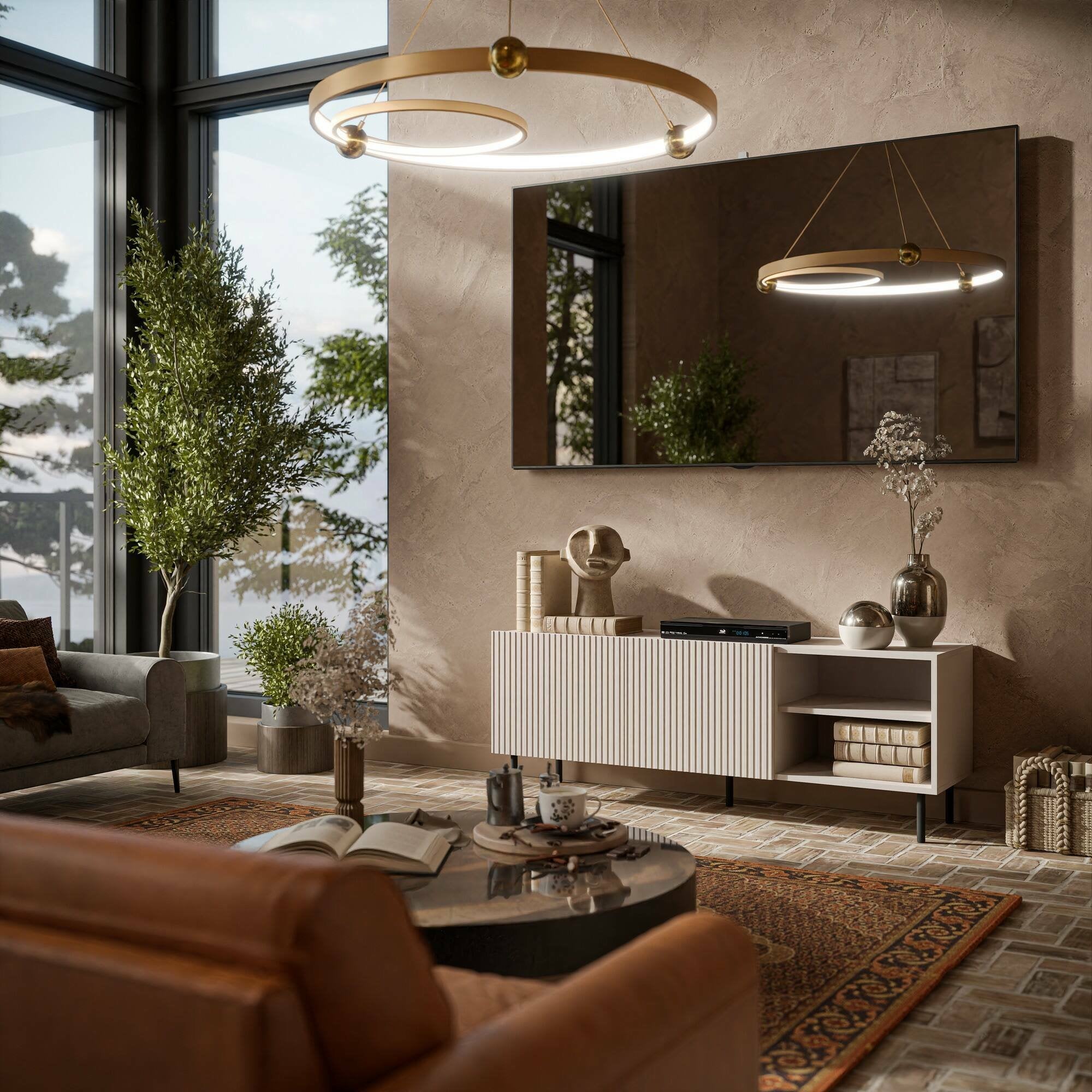 Mobile porta TV Molini, Madia da salotto con quattro ante battenti, Rialzato da terra, 150x42 h52 cm, Beige