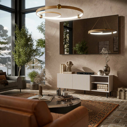 Mobile porta TV Molini, Madia da salotto con quattro ante battenti, Rialzato da terra, 150x42 h52 cm, Beige