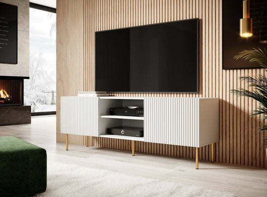 Mobile porta TV Magnano, Madia da salotto con quattro ante battenti, Rialzato da terra, 150x42 h52 cm, Bianco