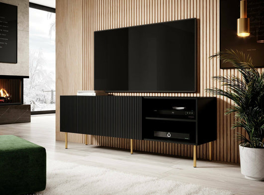 Mobile porta TV Magnano, Madia da salotto con quattro ante battenti, Rialzato da terra, 150x42 h52 cm, Nero