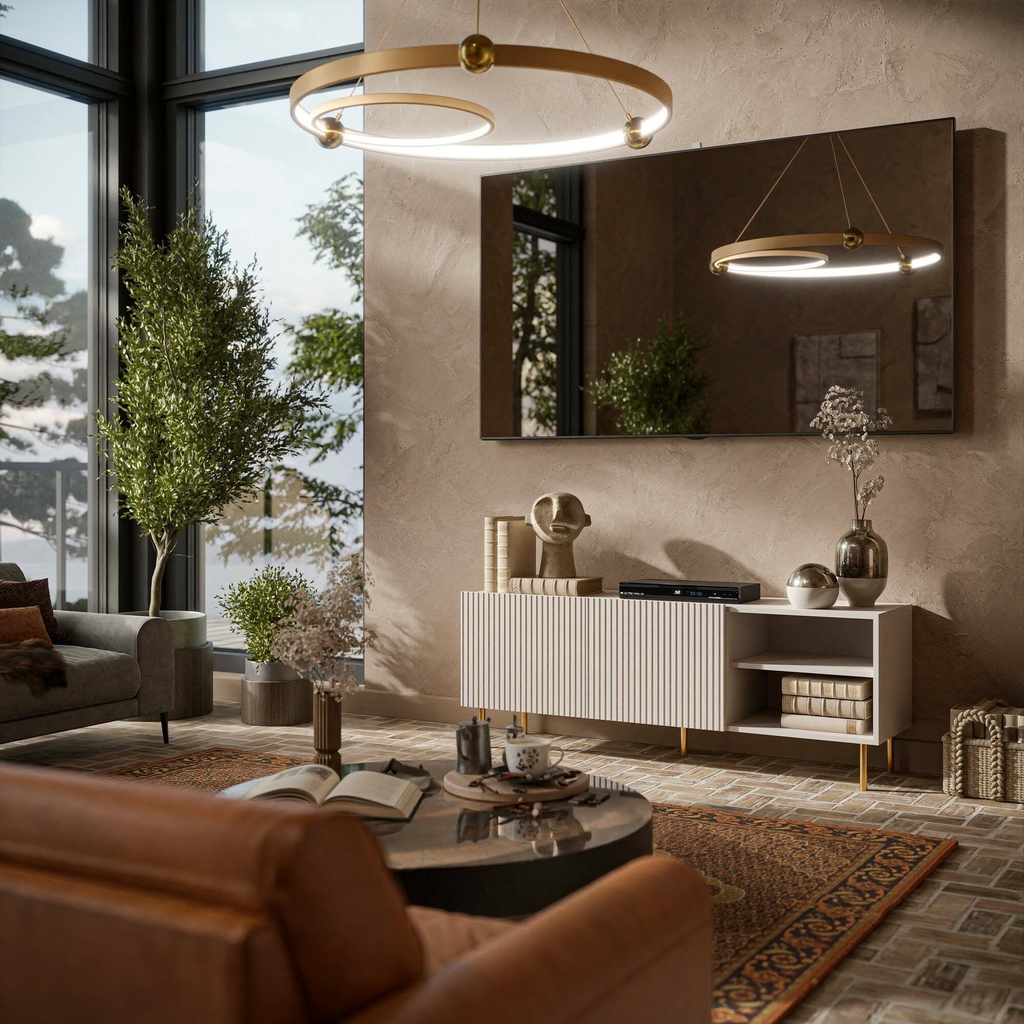 Mobile porta TV Magnano, Madia da salotto con quattro ante battenti, Rialzato da terra, 150x42 h52 cm, Beige