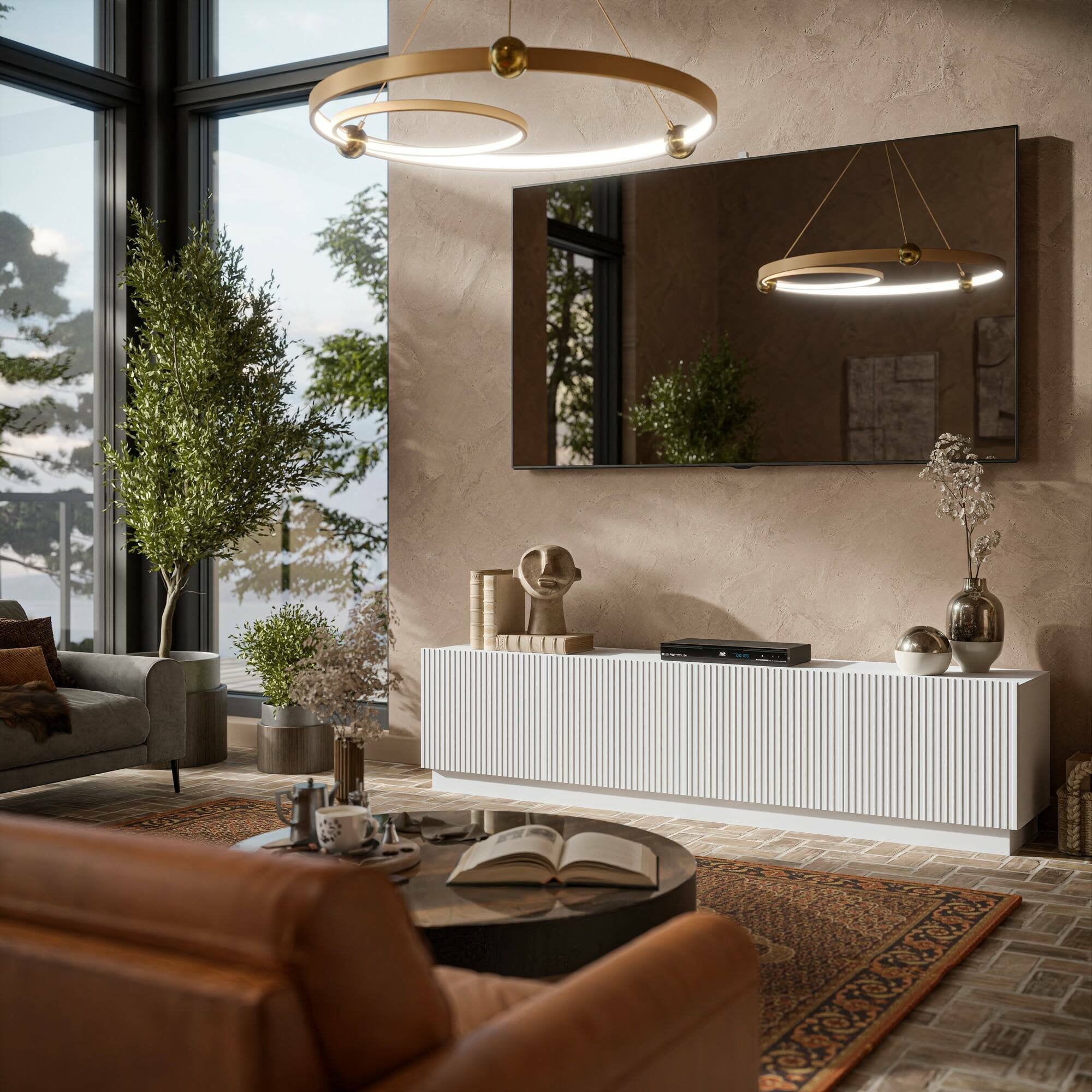 Mobile porta TV Macherio, Madia da salotto con quattro ante battenti, Design minimal e moderno, 200x40 h48 cm, Bianco