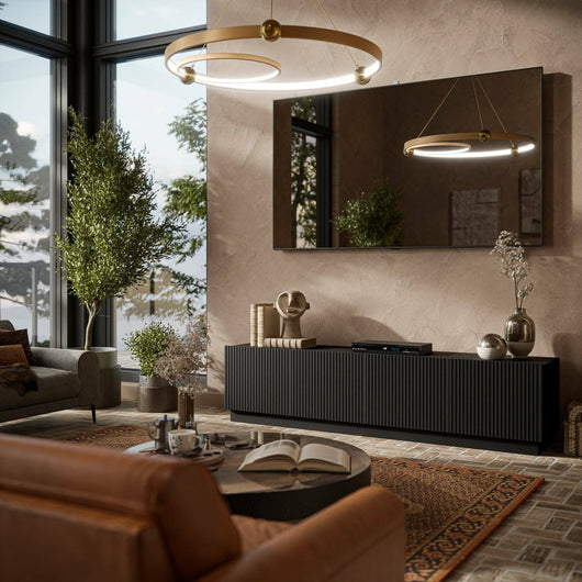 Mobile porta TV Macherio, Madia da salotto con quattro ante battenti, Design minimal e moderno, 200x40 h48 cm, Nero