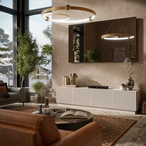 Mobile porta TV Macherio, Madia da salotto con quattro ante battenti, Design minimal e moderno, 200x40 h48 cm, Beige