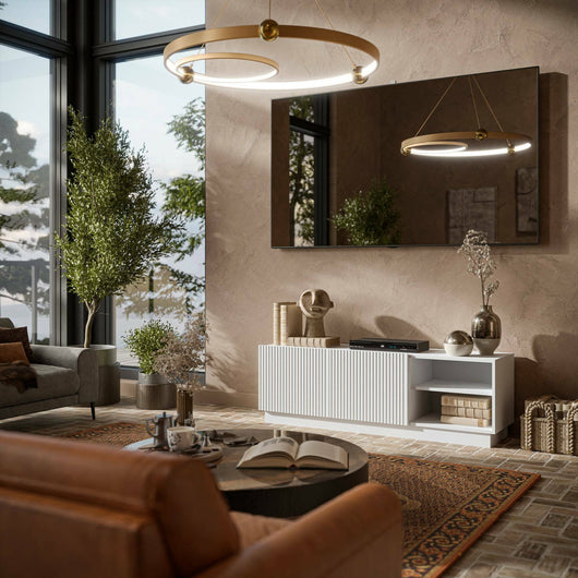 Mobile porta TV Finita, Madia da salotto con due ante battenti, Design minimal e moderno, 150x40 h48 cm, Bianco