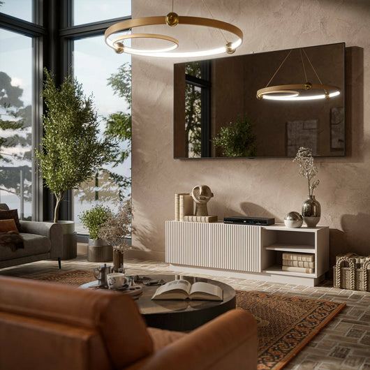 Mobile porta TV Finita, Madia da salotto con due ante battenti, Design minimal e moderno, 150x40 h48 cm, Beige