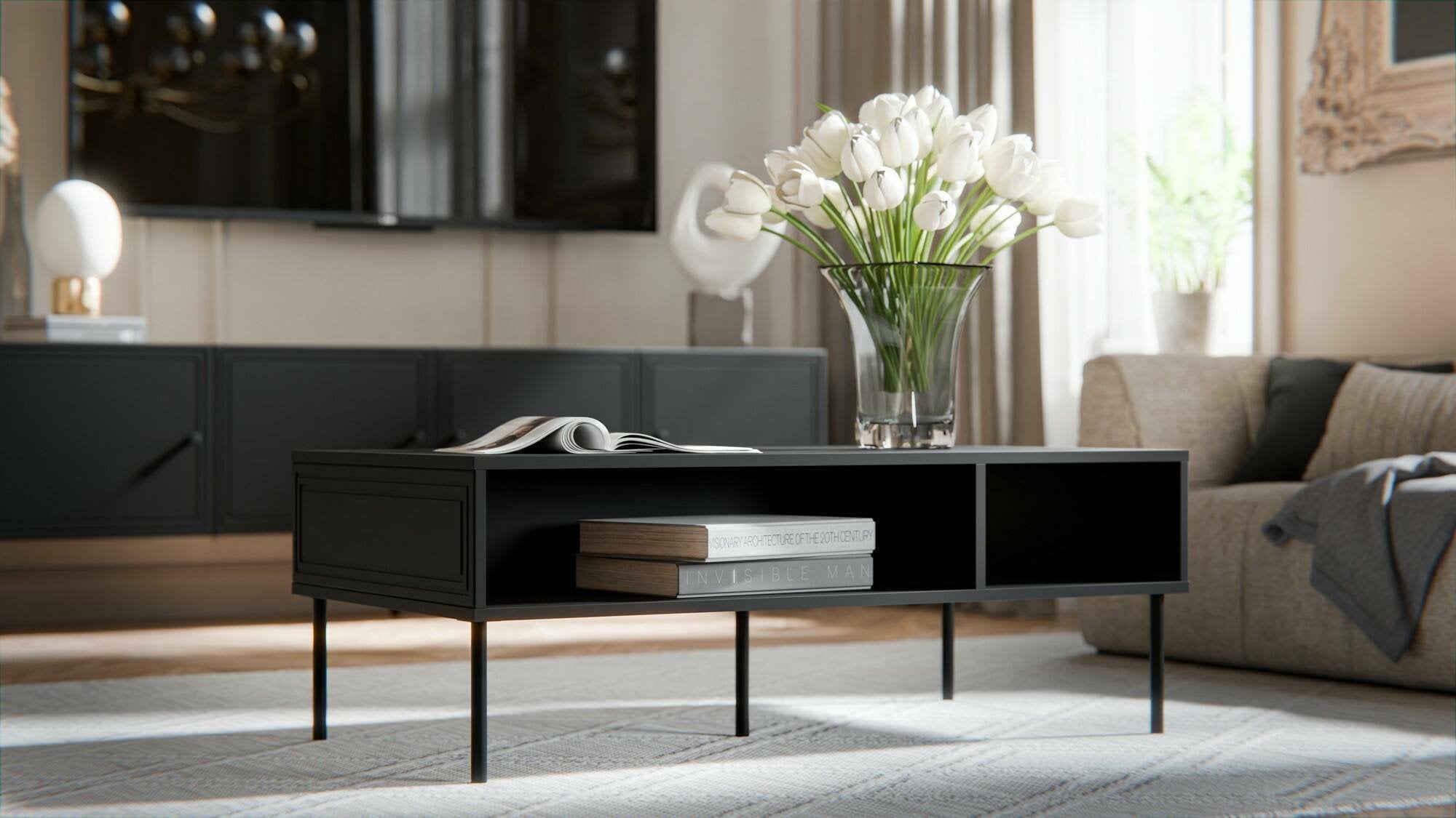 Tavolino da salotto Enemonzo, Con due vani contenitore, Rialzato da terra, 110x60 h40 cm, Nero