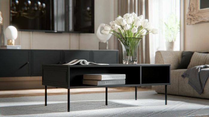 Tavolino da salotto Enemonzo, Con due vani contenitore, Rialzato da terra, 110x60 h40 cm, Nero