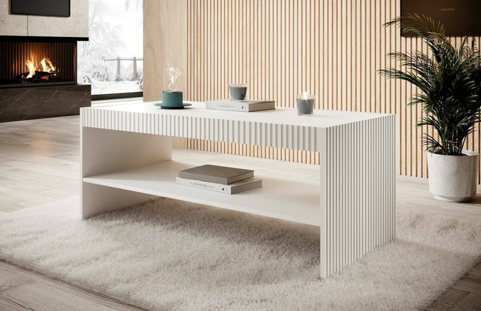 Tavolino da salotto Roasio, Con mensola e ampio ripiano da appoggio, Rialzato da terra, 120x57 h50 cm, Bianco