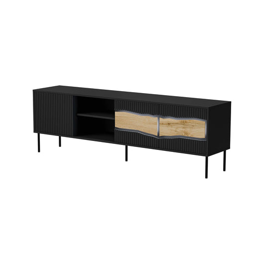 Mobile porta TV Luvinate, Madia da salotto con tre ante battenti e due vani, Con luci led, Rialzato da terra, 190x40 h62 cm, Nero e Rovere Nodi