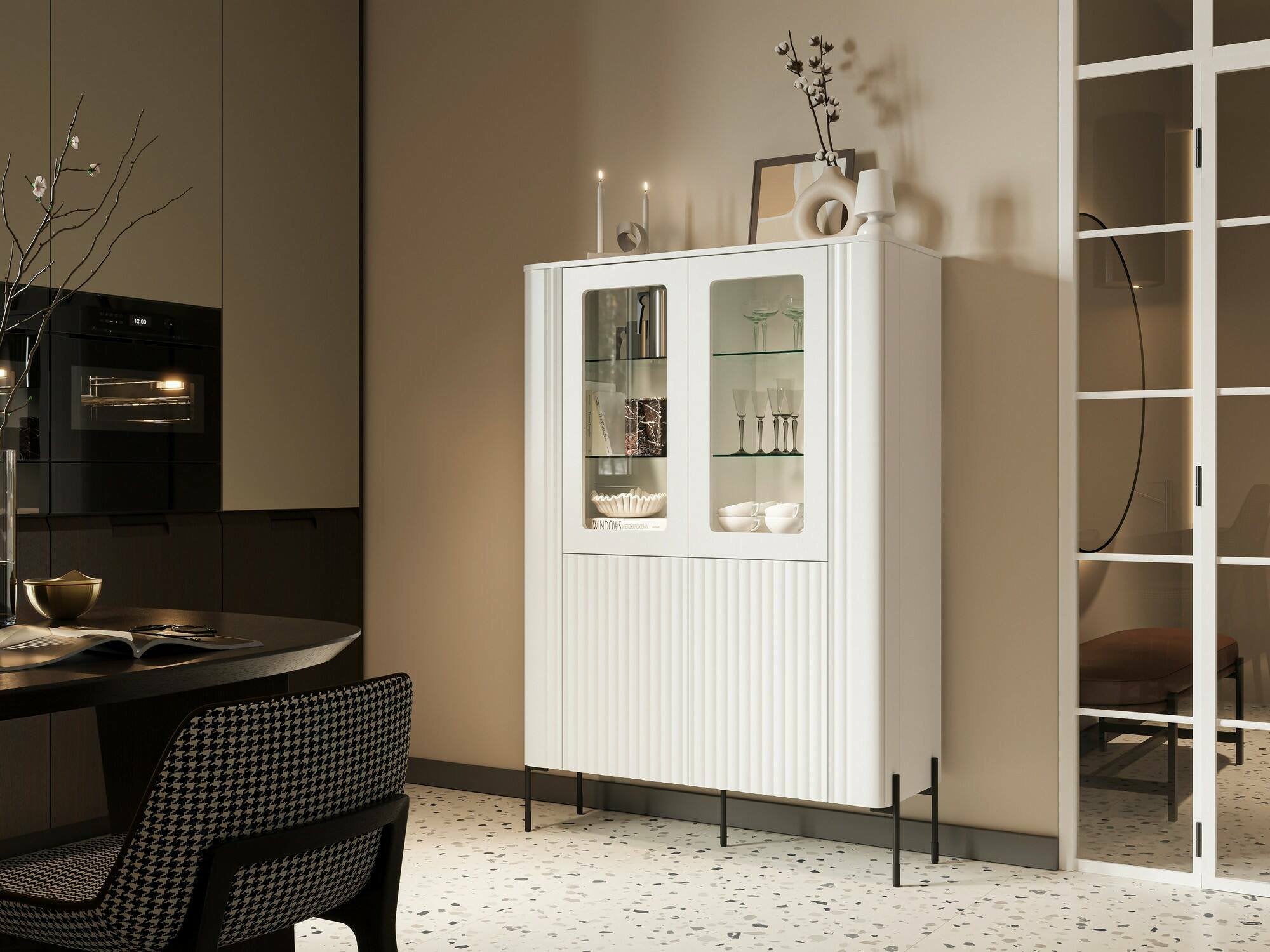 Vetrina Cimino, Vetrinetta da soggiorno con due ante e dettaglio in vetro, Rialzato da terra, 110x40 h160 cm, Bianco