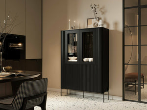 Vetrina Cimino, Vetrinetta da soggiorno con due ante e dettaglio in vetro, Rialzato da terra, 110x40 h160 cm, Nero
