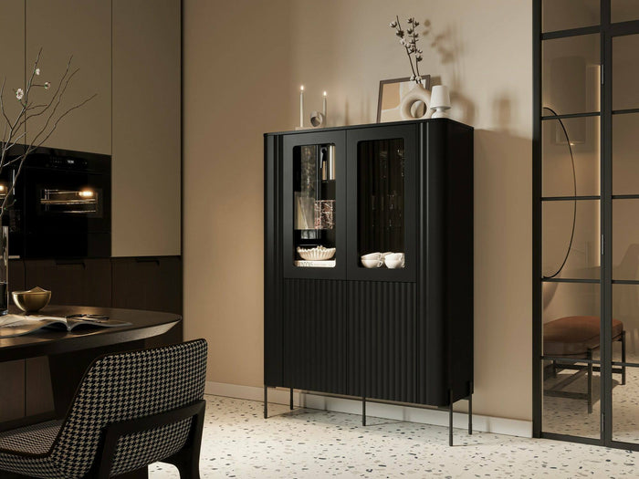 Vetrina Cimino, Vetrinetta da soggiorno con due ante e dettaglio in vetro, Rialzato da terra, 110x40 h160 cm, Nero