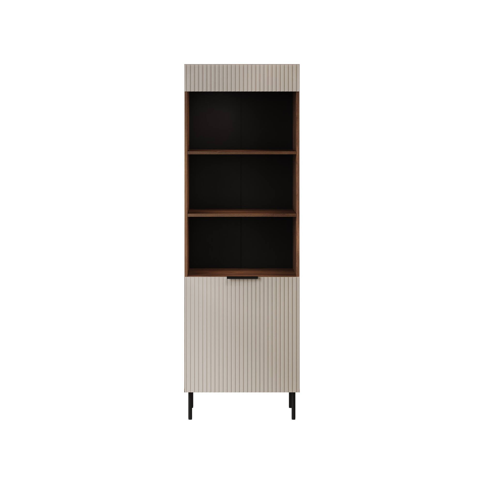 Libreria Agri, Mobile portalibri con vani aperti e un'anta, Design moderno e minimale, 185x42 h60 cm, Noce e Beige