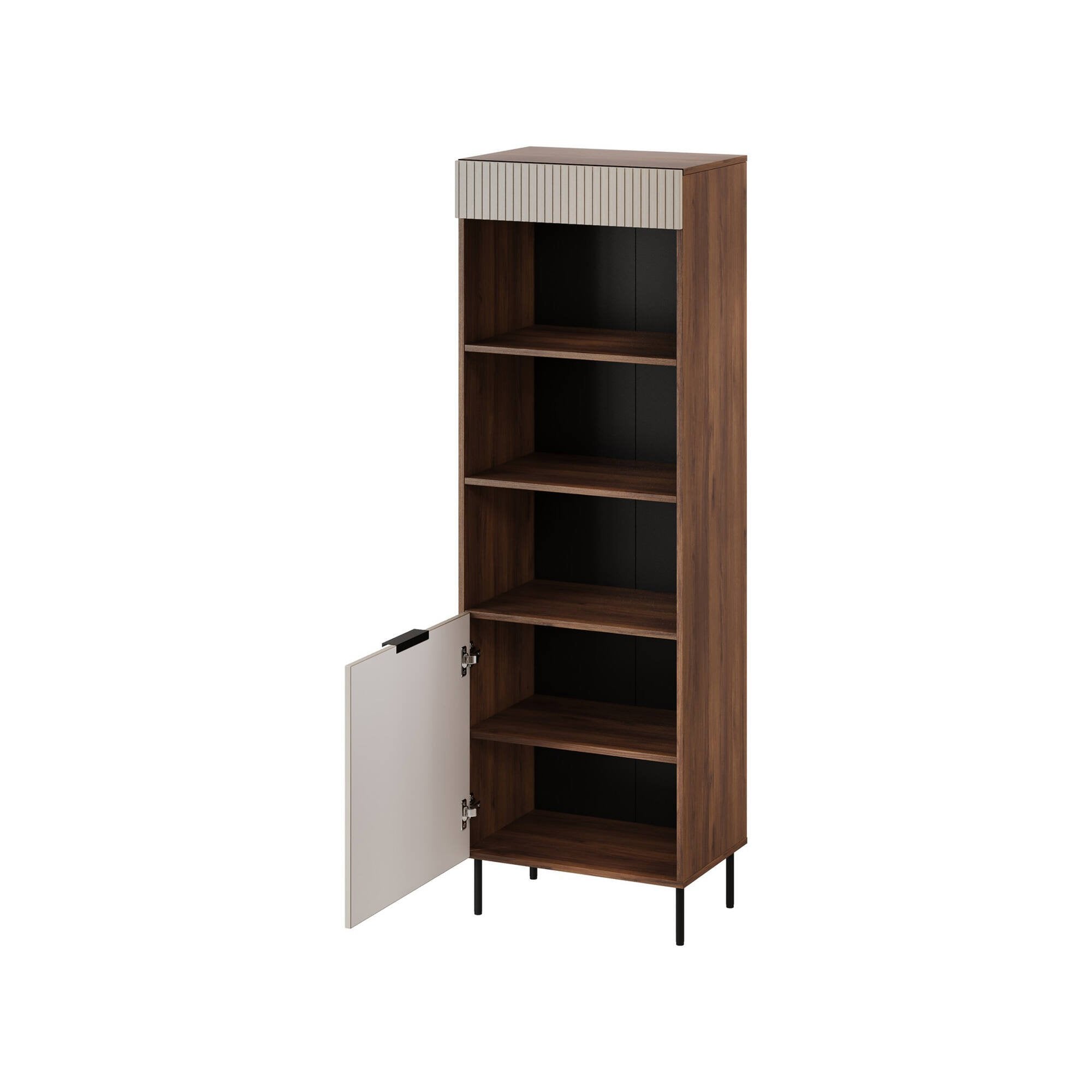 Libreria Agri, Mobile portalibri con vani aperti e un'anta, Design moderno e minimale, 185x42 h60 cm, Noce e Beige