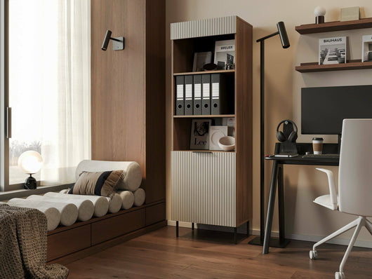 Libreria Agri, Mobile portalibri con vani aperti e un'anta, Design moderno e minimale, 185x42 h60 cm, Noce e Beige