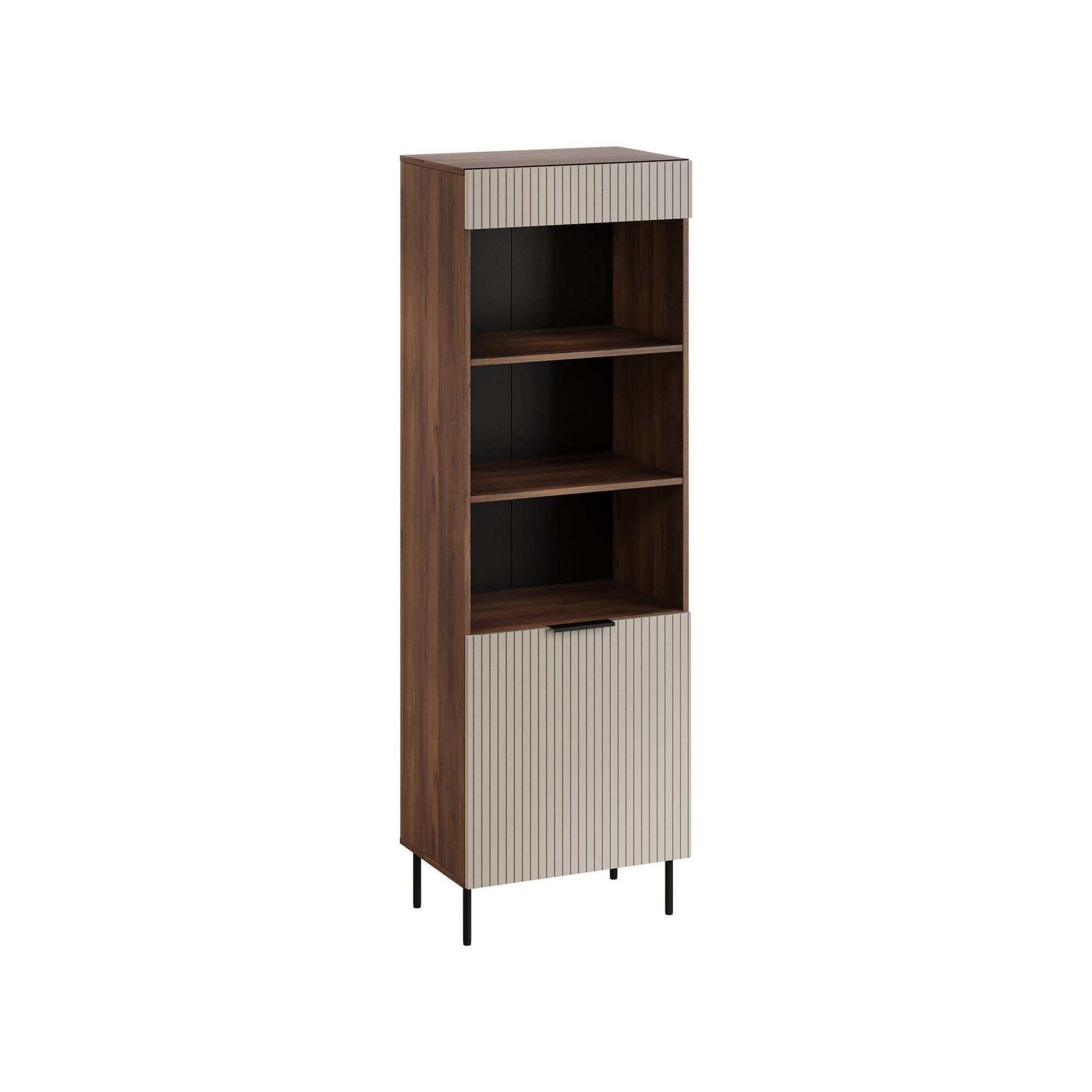 Libreria Agri, Mobile portalibri con vani aperti e un'anta, Design moderno e minimale, 185x42 h60 cm, Noce e Beige