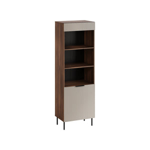 Libreria Agri, Mobile portalibri con vani aperti e un'anta, Design moderno e minimale, 185x42 h60 cm, Noce e Beige