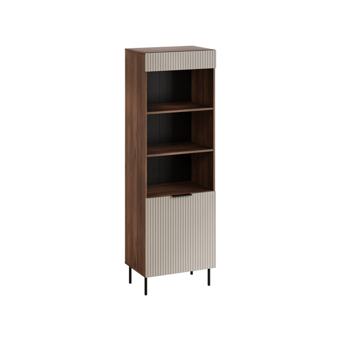 Libreria Agri, Mobile portalibri con vani aperti e un'anta, Design moderno e minimale, 185x42 h60 cm, Noce e Beige