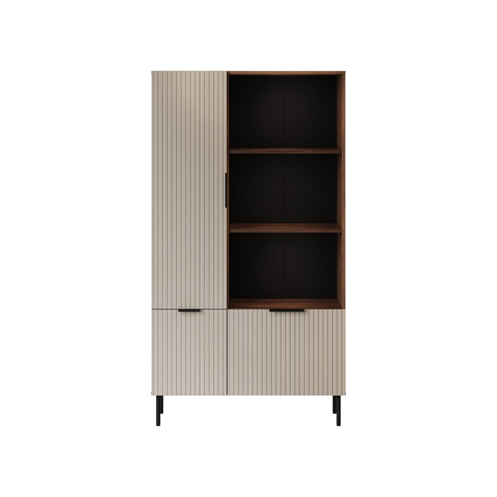 Libreria Mazze, Mobile portalibri con vani aperti e tre ante, Design moderno e minimale, 165x42 h90 cm, Noce e Beige