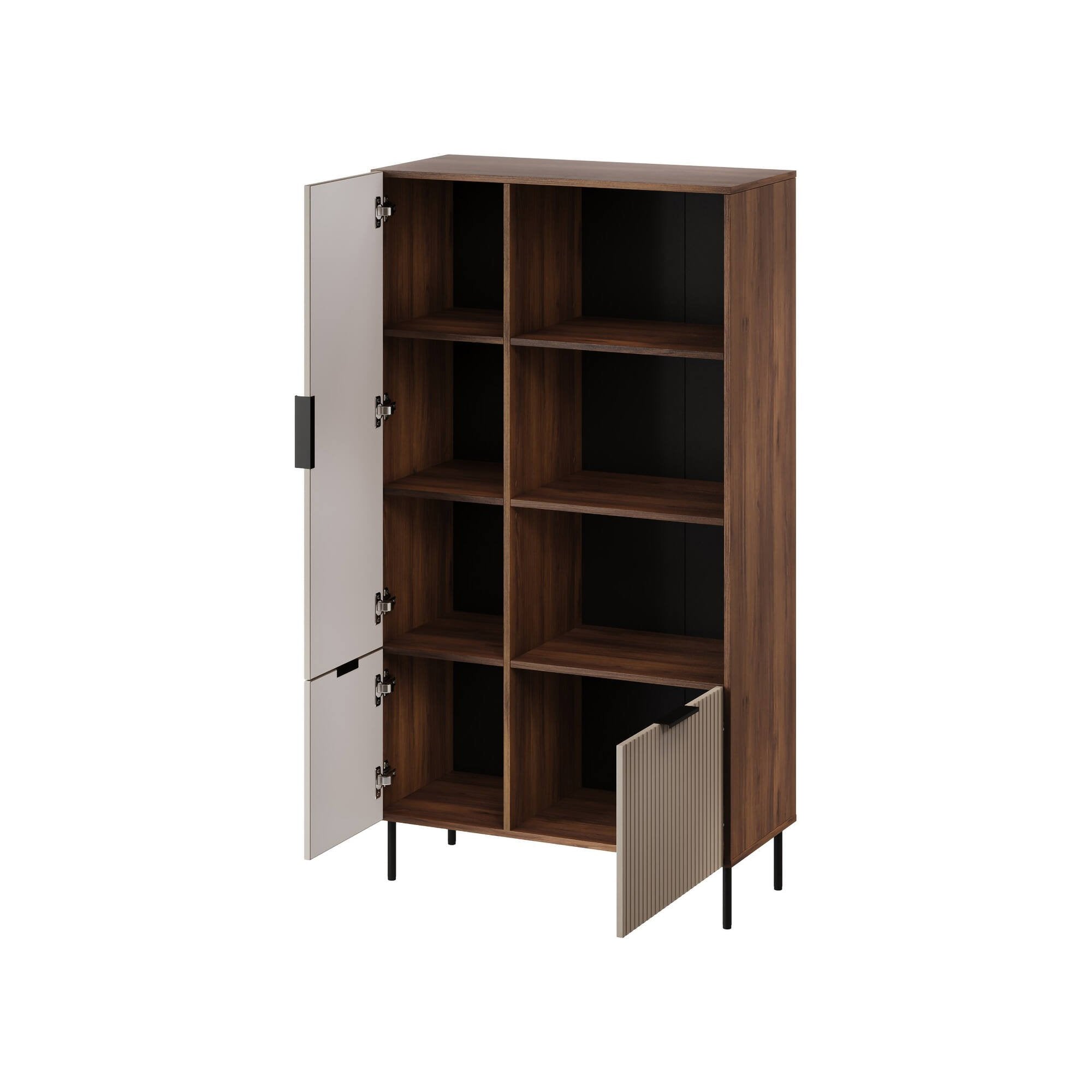 Libreria Mazze, Mobile portalibri con vani aperti e tre ante, Design moderno e minimale, 165x42 h90 cm, Noce e Beige