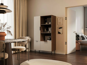 Libreria Mazze, Mobile portalibri con vani aperti e tre ante, Design moderno e minimale, 165x42 h90 cm, Noce e Beige