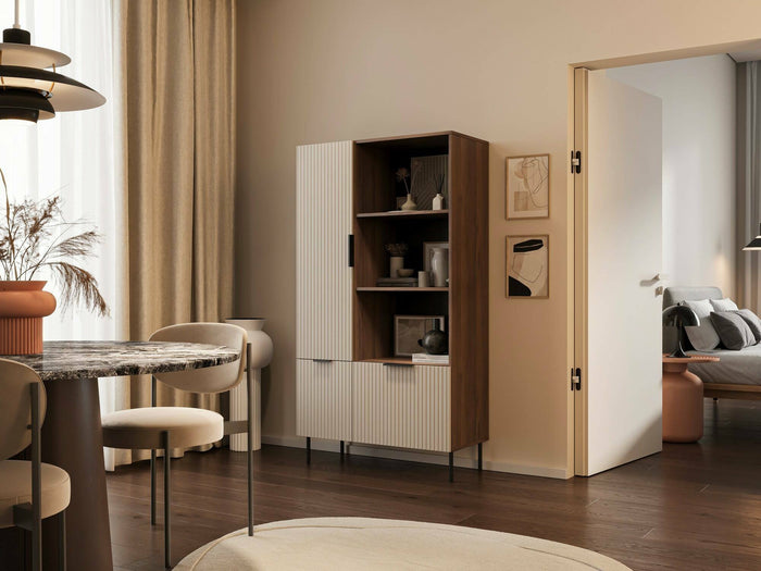 Libreria Mazze, Mobile portalibri con vani aperti e tre ante, Design moderno e minimale, 165x42 h90 cm, Noce e Beige