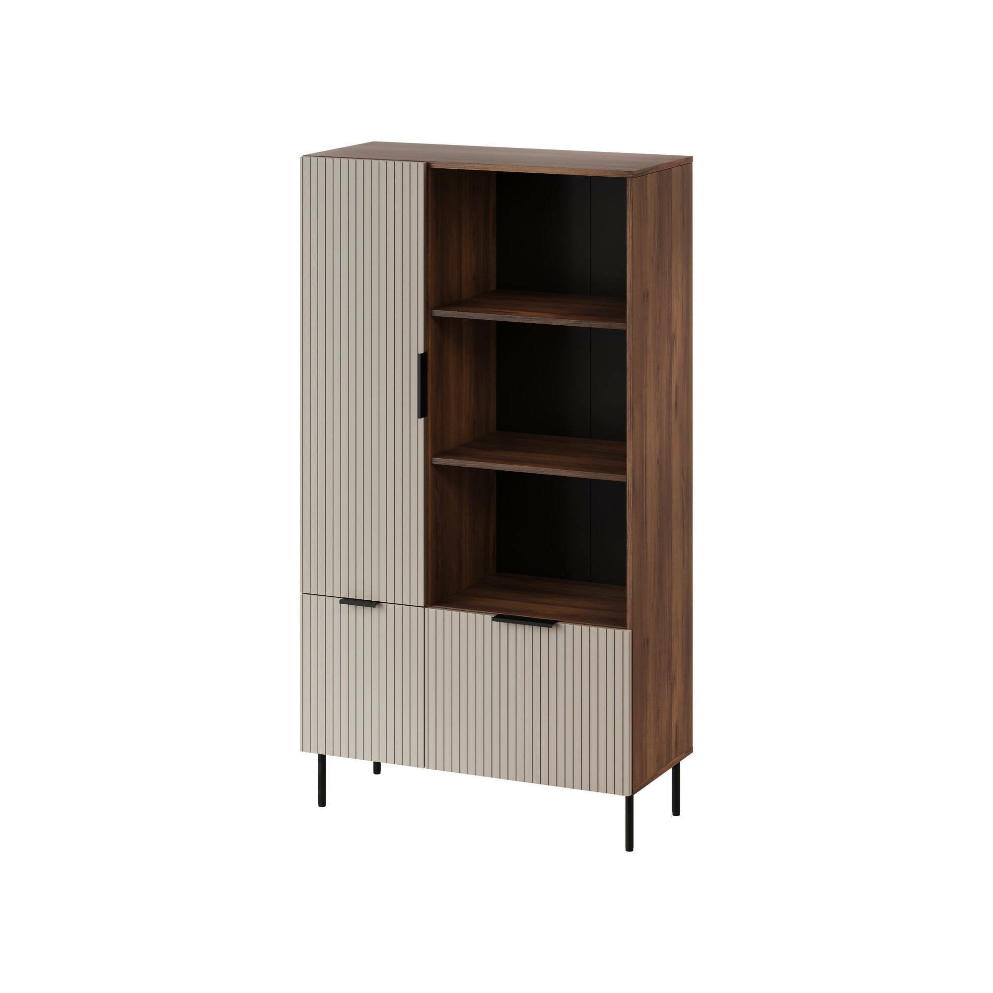 Libreria Mazze, Mobile portalibri con vani aperti e tre ante, Design moderno e minimale, 165x42 h90 cm, Noce e Beige