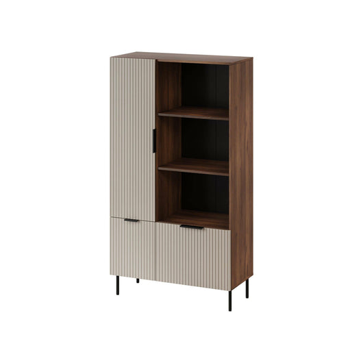 Libreria Mazze, Mobile portalibri con vani aperti e tre ante, Design moderno e minimale, 165x42 h90 cm, Noce e Beige