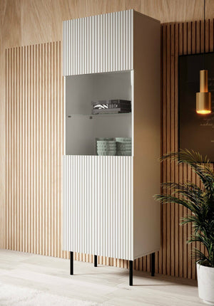 Vetrina Luzzana, Vetrinetta da soggiorno con anta e dettaglio in vetro, Rialzato da terra, 60x42 h183 cm, Bianco