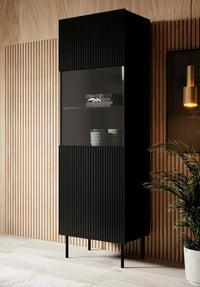 Vetrina Luzzana, Vetrinetta da soggiorno con anta e dettaglio in vetro, Rialzato da terra, 60x42 h183 cm, Nero