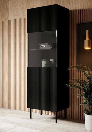 Vetrina Luzzana, Vetrinetta da soggiorno con anta e dettaglio in vetro, Rialzato da terra, 60x42 h183 cm, Nero