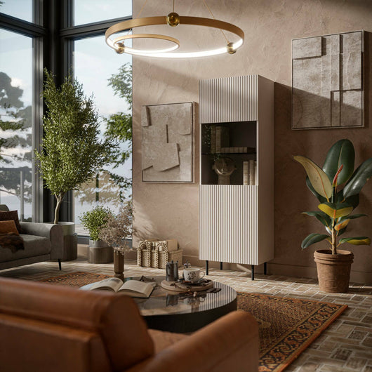 Vetrina Luzzana, Vetrinetta da soggiorno con anta e dettaglio in vetro, Rialzato da terra, 60x42 h183 cm, Beige