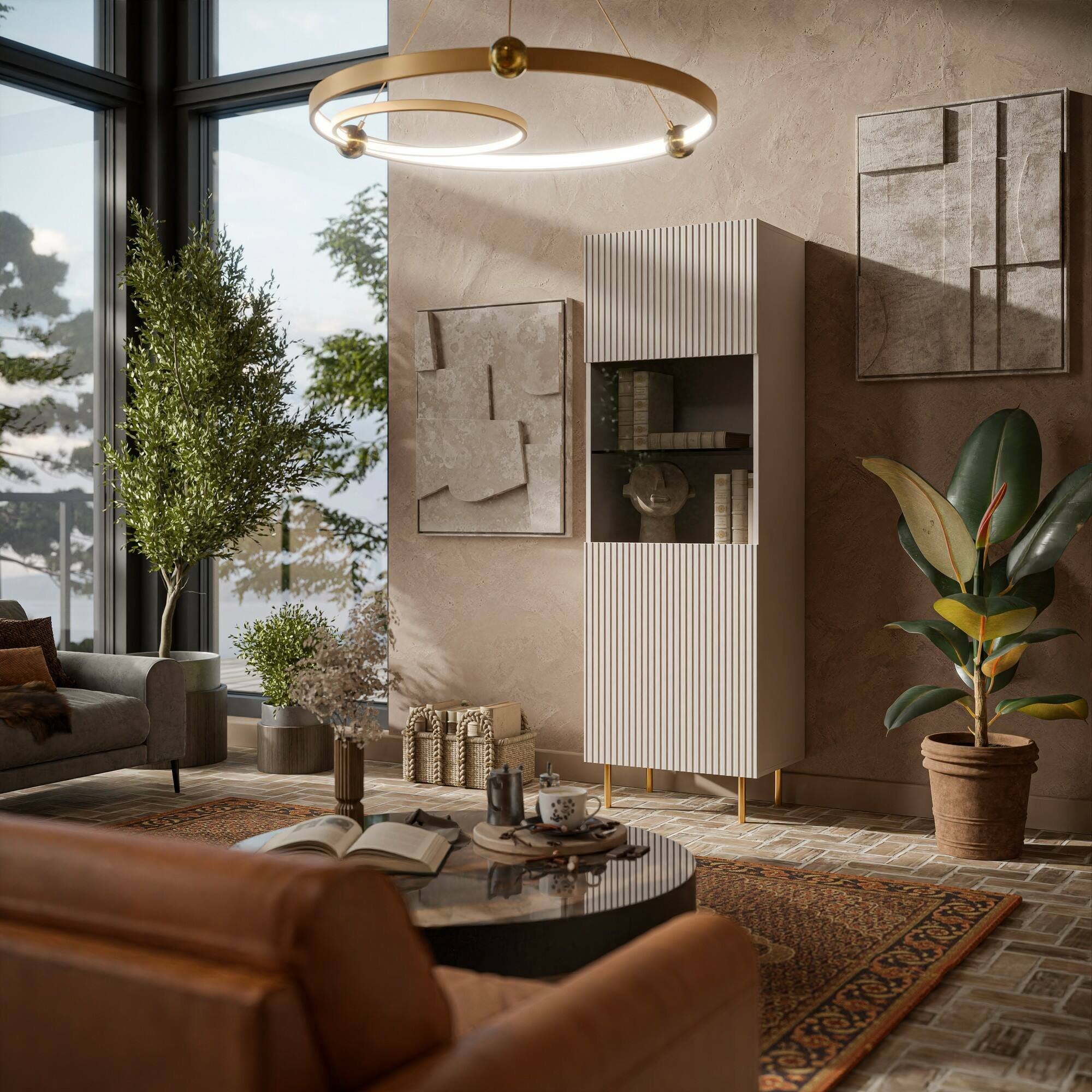 Vetrina Raccuja, Vetrinetta da soggiorno con anta e dettaglio in vetro, Rialzato da terra, 60x42 h183 cm, Beige