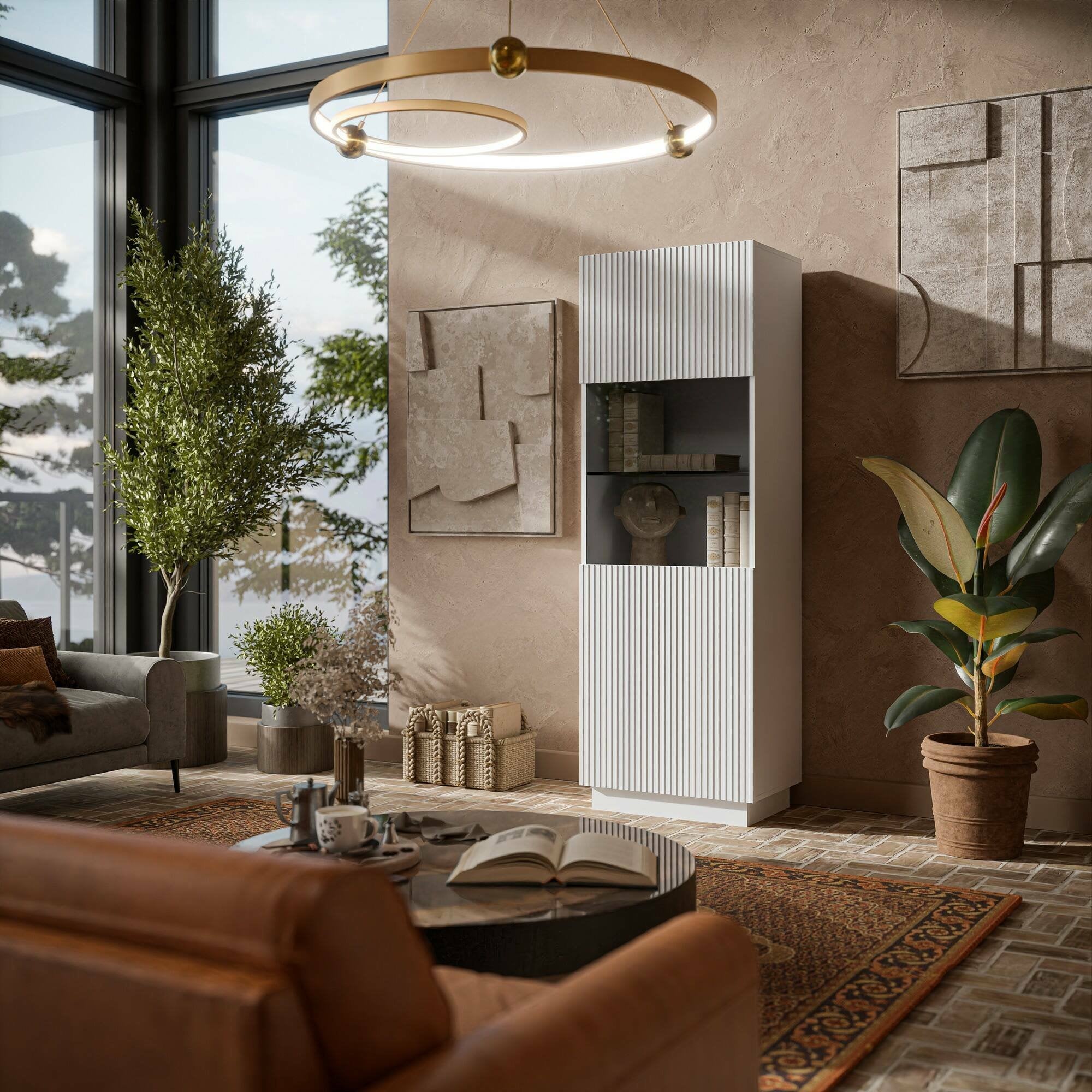 Vetrina Vado, Vetrinetta da soggiorno con anta e dettaglio in vetro, Finitura con effetto cannettato, 60x40 h178 cm, Bianco