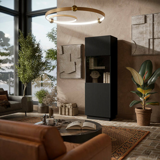 Vetrina Vado, Vetrinetta da soggiorno con anta e dettaglio in vetro, Finitura con effetto cannettato, 60x40 h178 cm, Nero