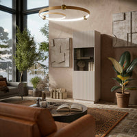 Vetrina Vado, Vetrinetta da soggiorno con anta e dettaglio in vetro, Finitura con effetto cannettato, 60x40 h178 cm, Beige