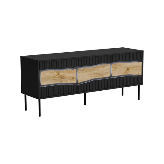 Mobile porta TV Novoli, Madia da salotto con tre ante battenti e tre vani interni, Con luci led, Rialzato da terra, 144x40 h62 cm, Nero e Rovere Nodi