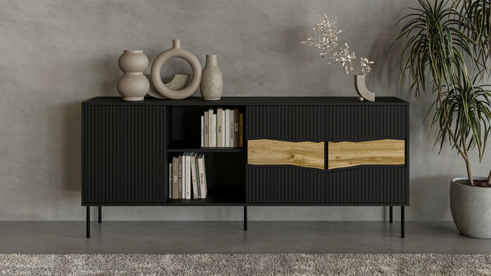 Credenza Mestrino, Madia da salotto con tre ante battenti e due vani aperti, Rialzata da terra, 190x40 h80 cm, Nero e Rovere Nodi
