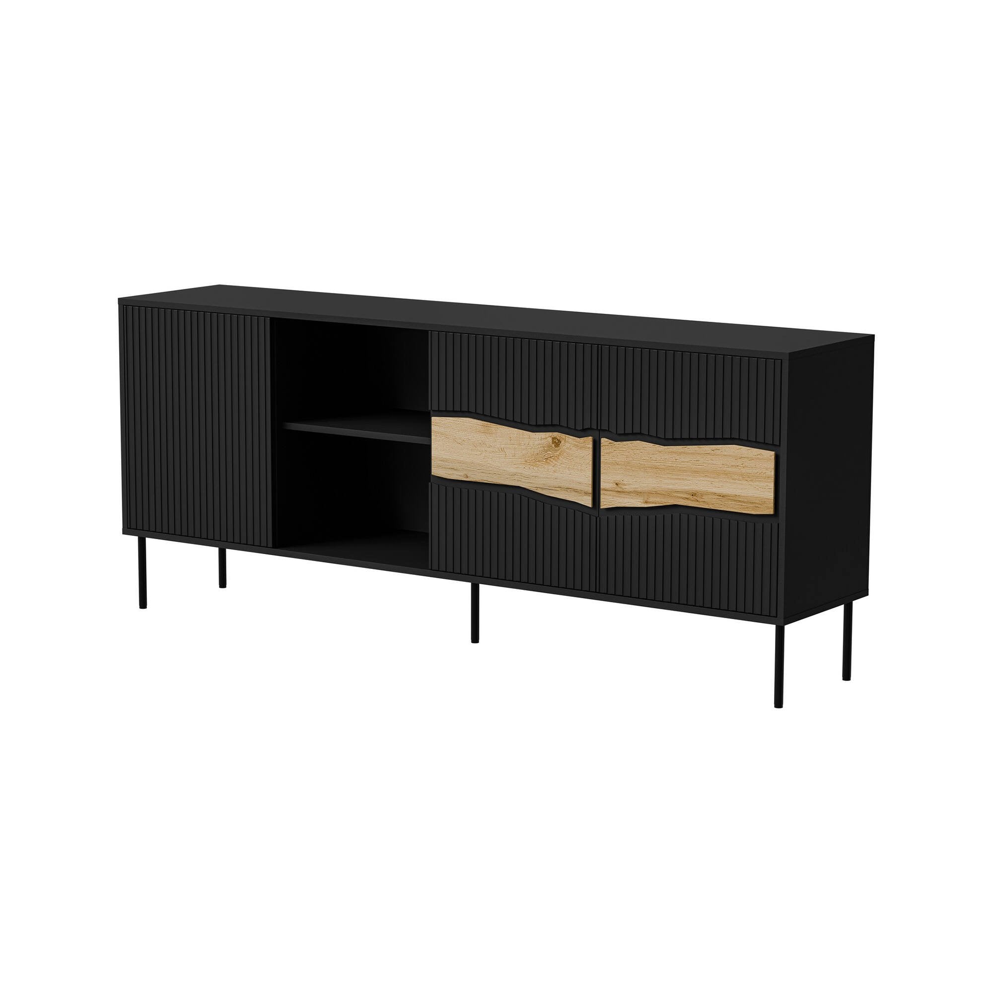 Credenza Mestrino, Madia da salotto con tre ante battenti e due vani aperti, Rialzata da terra, 190x40 h80 cm, Nero e Rovere Nodi