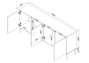 Credenza Mestrino, Madia da salotto con tre ante battenti e due vani aperti, Rialzata da terra, 190x40 h80 cm, Nero e Rovere Nodi