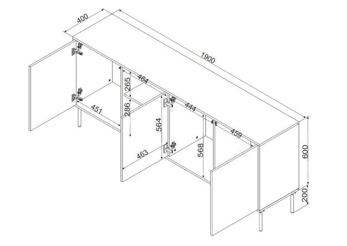 Credenza Mestrino, Madia da salotto con tre ante battenti e due vani aperti, Rialzata da terra, 190x40 h80 cm, Nero e Rovere Nodi