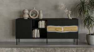 Credenza Mestrino, Madia da salotto con tre ante battenti e due vani aperti, Rialzata da terra, 190x40 h80 cm, Nero e Rovere Nodi