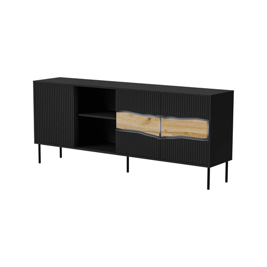 Credenza Mestrino, Madia da salotto con tre ante battenti e due vani aperti, Rialzata da terra, 190x40 h80 cm, Nero e Rovere Nodi
