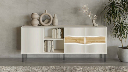 Credenza Mestrino, Madia da salotto con tre ante battenti e due vani aperti, Rialzata da terra, 190x40 h80 cm, Beige e Rovere Nodi