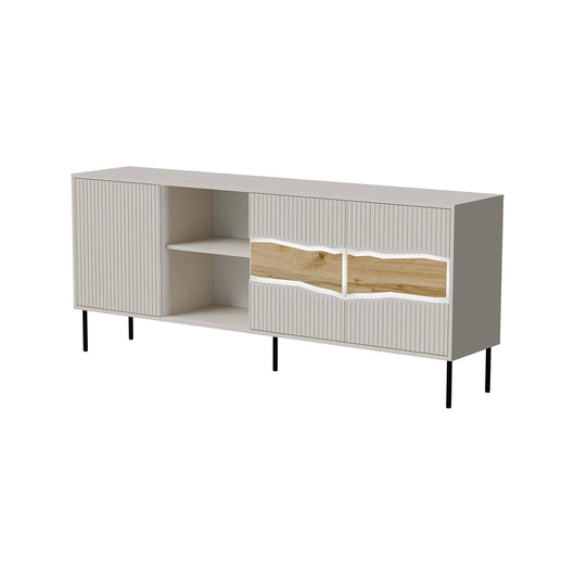 Credenza Mestrino, Madia da salotto con tre ante battenti e due vani aperti, Rialzata da terra, 190x40 h80 cm, Beige e Rovere Nodi